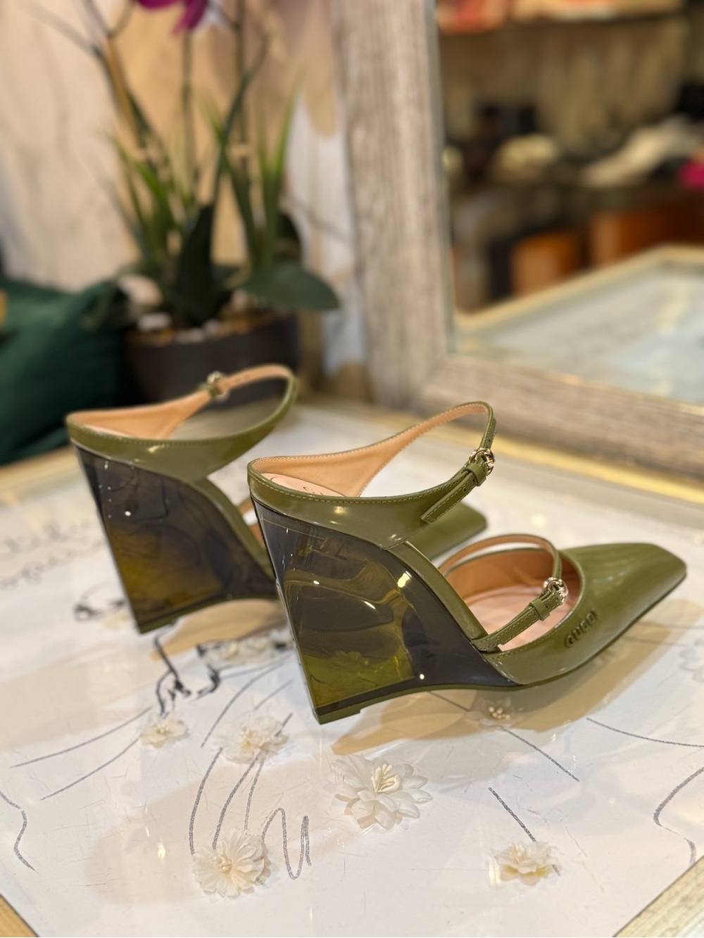 Gucci Olive Patent Leather Double-Strap Wedge Pumps - Picture 5 of 13